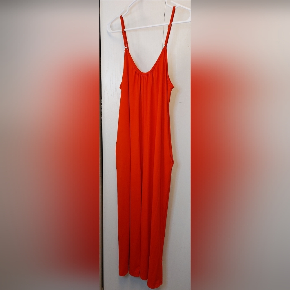 Red Wide Leg Cami Jumpsuit Size XL Ankle Length Adjustable Straps Pockets Comfy - Picture 4 of 7